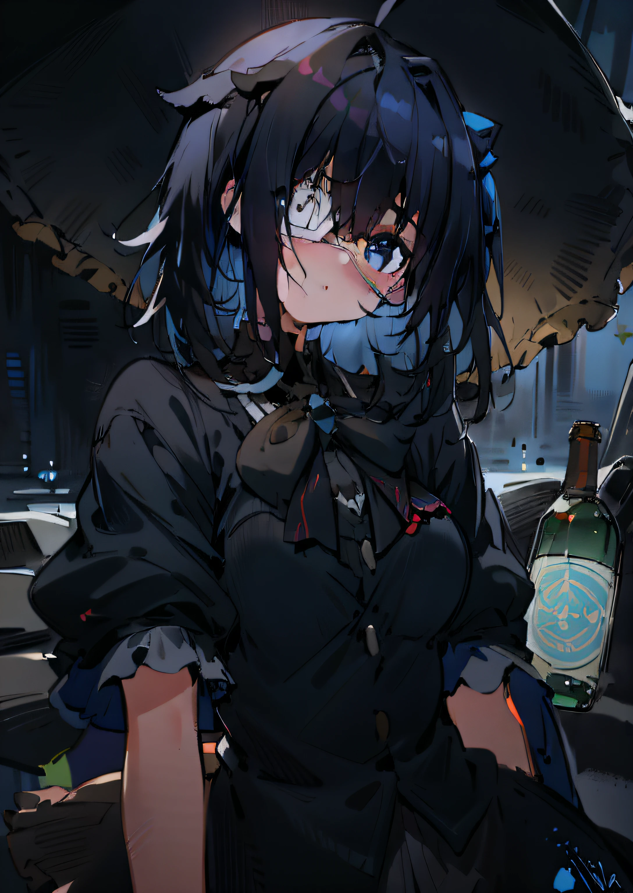 high res, masterpiece,Rikka Takanashi, black hair, solo, 1girl,outside,deatailed background, detailed eyes, ((blue eyes)), eyepatch