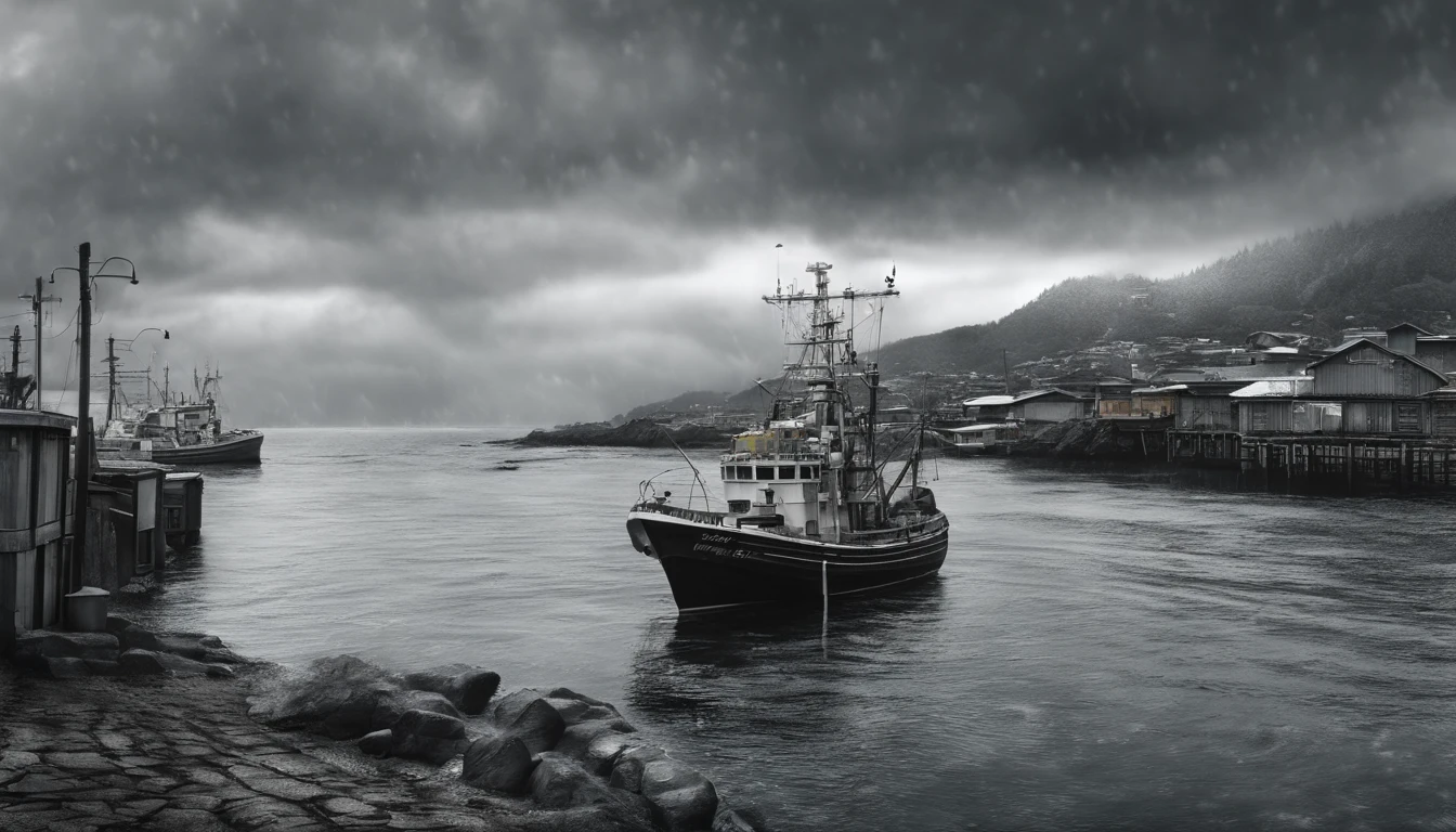 A small fishing port in Japan,Rough seas,Winter scene,Overcast clouds,Grayscale24-bit,feeling of despair