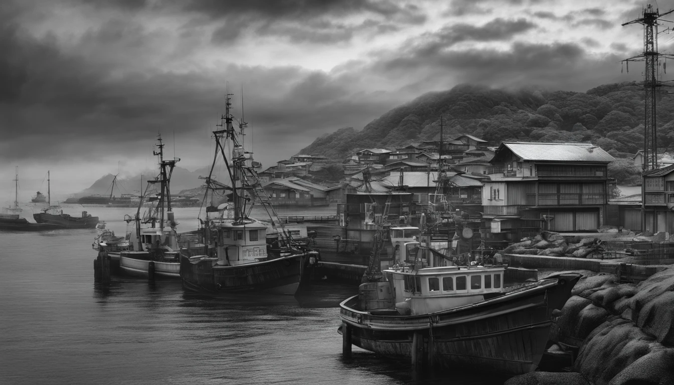 A small fishing port in Japan,Rough seas,Winter scene,Overcast clouds,Grayscale24-bit,feeling of despair