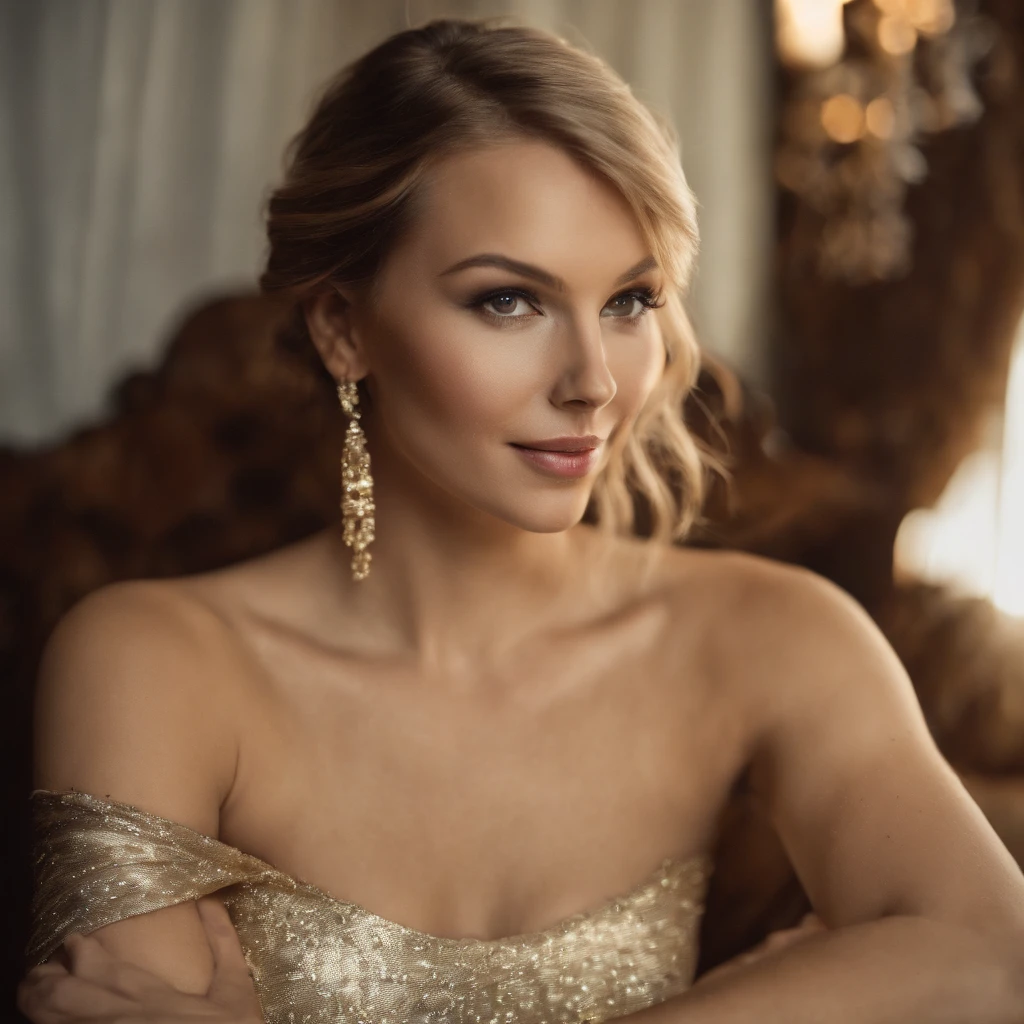 women with moderate breast size, Taylor Swift, smile, platinum blonde hair, beautiful body, gold leotard, gold bunny girl, gold garter belt, realistic, perfect lighting, less shading, gold treasury, gold wallpaper, glittering casino