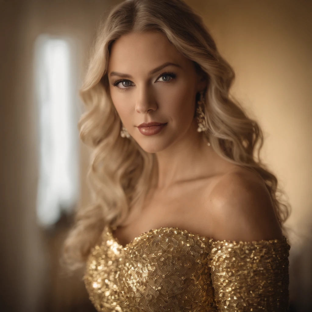 women with moderate breast size, Taylor Swift, smile, platinum blonde hair, beautiful body, gold leotard, gold bunny girl, gold garter belt, realistic, perfect lighting, less shading, gold treasury, gold wallpaper, glittering casino
