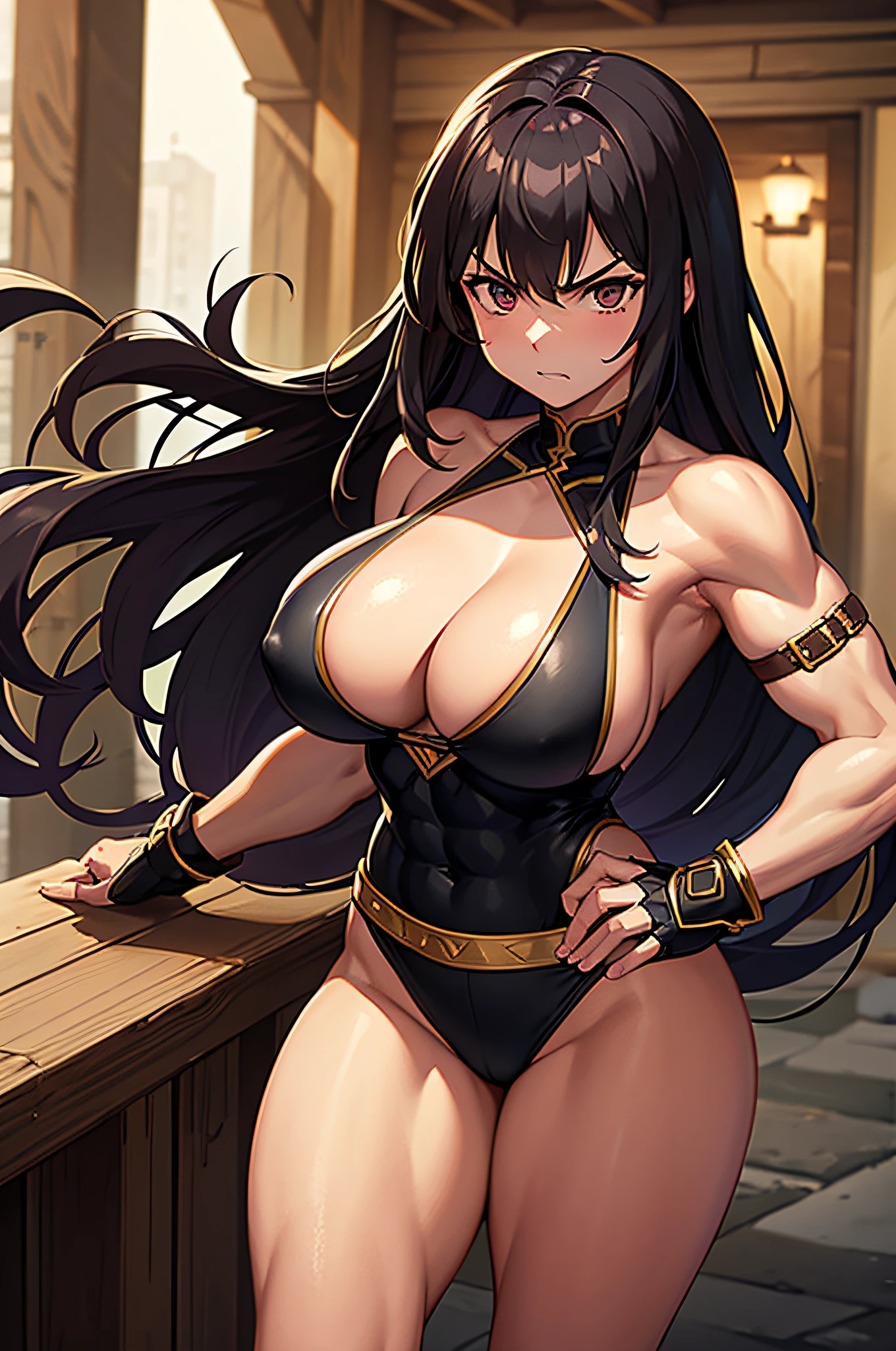 woman, solo, 1 woman, muscular, barbarian, strong, long hair, angry, thick thighs, big breasts, dark hair, in tavern, sword on hip, abs