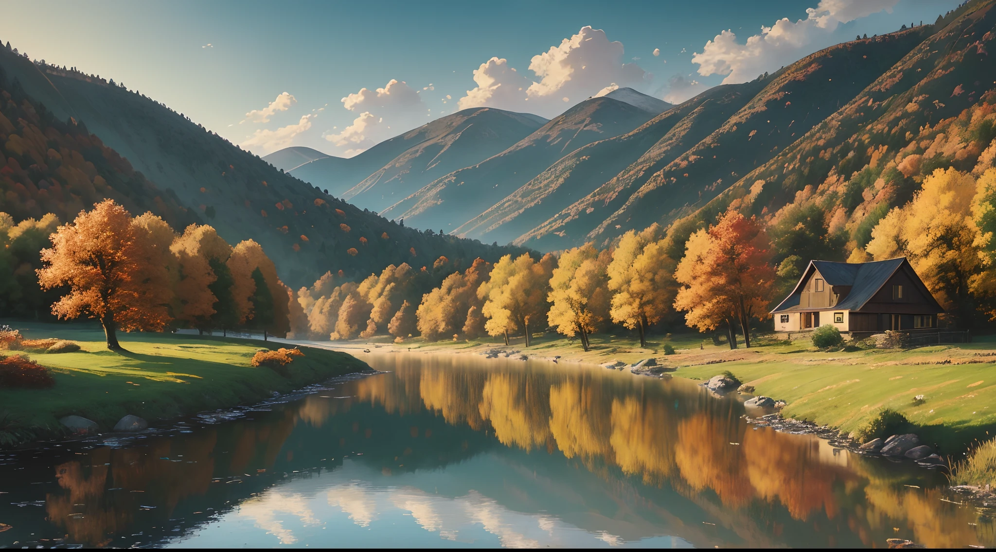 (best quality,4k,8k,highres,masterpiece:1.2),ultra-detailed,(realistic,photorealistic,photo-realistic:1.37),landscape,paisagem,beautiful sunset,rolling hills,lush green grass,bright autumn colors,vibrant red and orange leaves,tall and majestic trees,quaint little houses with smoke coming out of chimneys,natural and warm lighting,peaceful and serene atmosphere,dotted brushstrokes,impressionist style,paintingsque scene,tranquil village nestled in the hills,reflective water surface,subtle shadows,soft and delicate textures,harmonious color palette,tranquility and stillness,scenic countryside,brisk autumn breeze,crisp and clear air,calm and idyllic setting