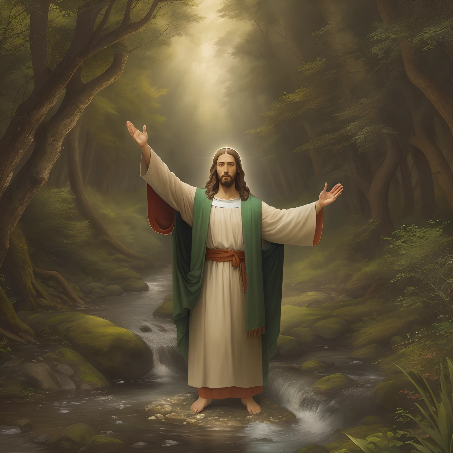 image of jesus christ with outstretched hands, landscape of a forest with a small stream.