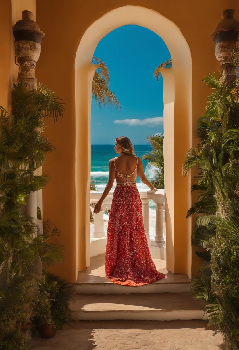 Loira, branca, vestida com roupas de praia
