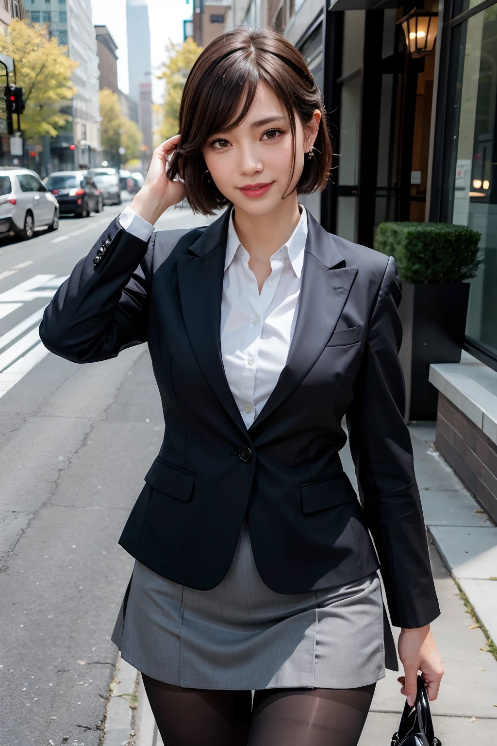 (8k, best quality, masterpiece:1.2), (realistic, photo-realistic:1.37), ultra-detailed, 1 girl, full body, outdoors, (adjusting hair:1.5) office lady, black officeblazer, officeskirt, (pantyhose:1.2), (short buttoneddownshirt:1.2), buttonedupcollarprim, buttoneddowncollarprim, bra, (pantyhose:1.2), alphalayers, highheels, beautiful earrings, cute, solo, beautiful detailed sky, (smile:1.15), (closed mouth), small breasts, beautiful detailed eyes, business attire, (short hair:1.2), floating hair