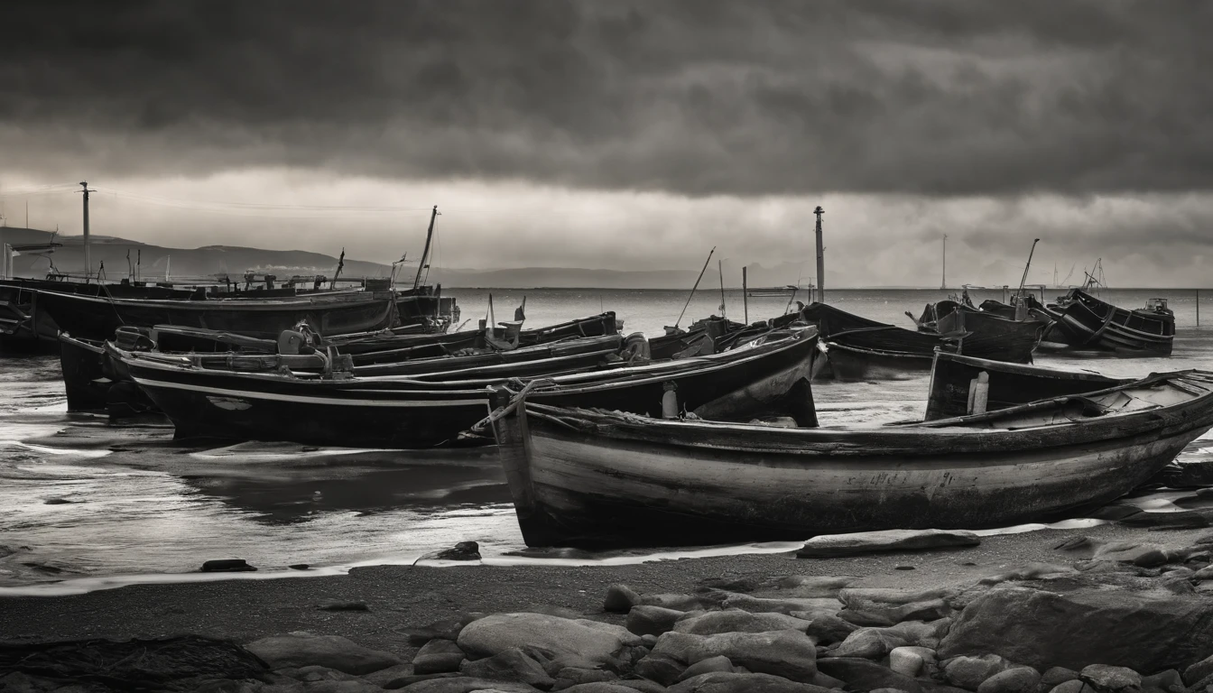 A small fishing port in Japan,Rough seas,Winter scene,Overcast clouds,Grayscale24-bit,feeling of despair