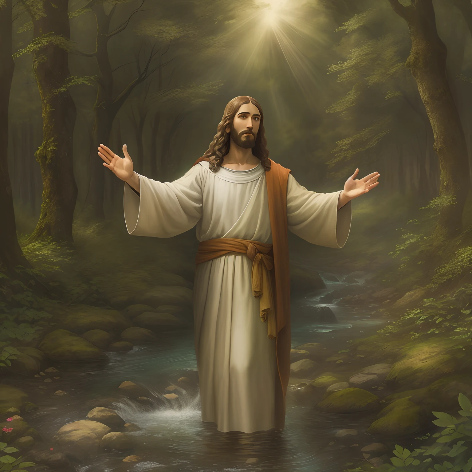 image of jesus christ with outstretched hands, landscape of a forest with a small stream.