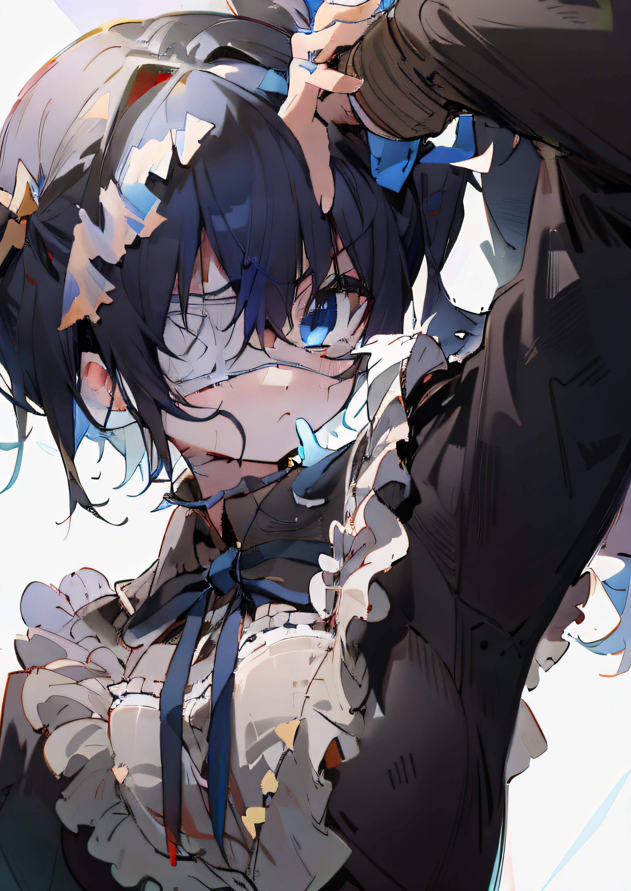 high res, masterpiece,Rikka Takanashi, black hair, solo, 1girl,outside,deatailed background, detailed eyes, ((blue eyes)), eyepatch