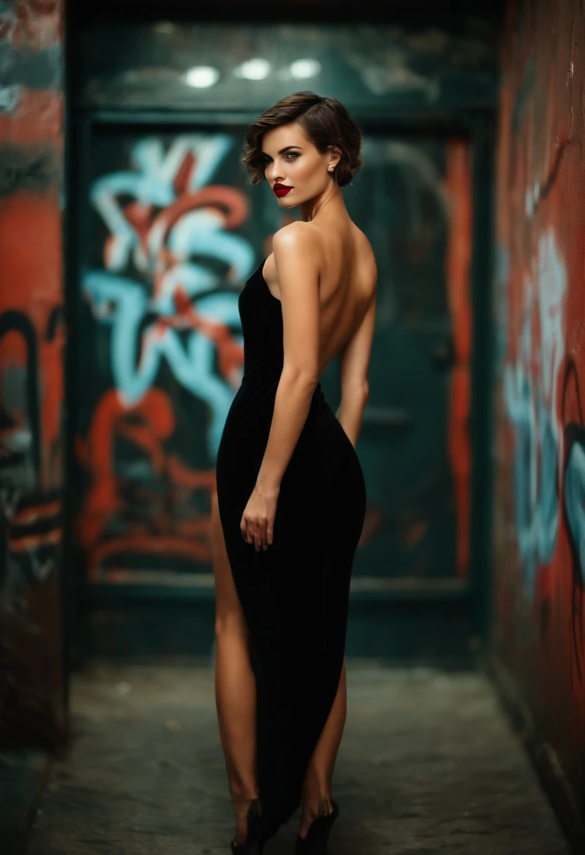A photo of a woman in a public bathroom captures the allure of a tall, skinny figure with short hair, wearing a sexy black dress with an open back, standing in front of graffiti-covered walls; the dimly lit space accentuates the wet hair glistening under a neon sign, while her red lips add a touch of intrigue