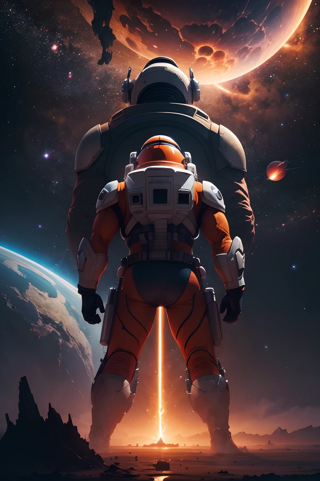 ((best quality)), ((masterpiece)), (detailed), the main thundercats, astronaut suit,space ship,The Milky Way is in the sky,universe background,There are planets in the distance,On the surface of a planet full of magma