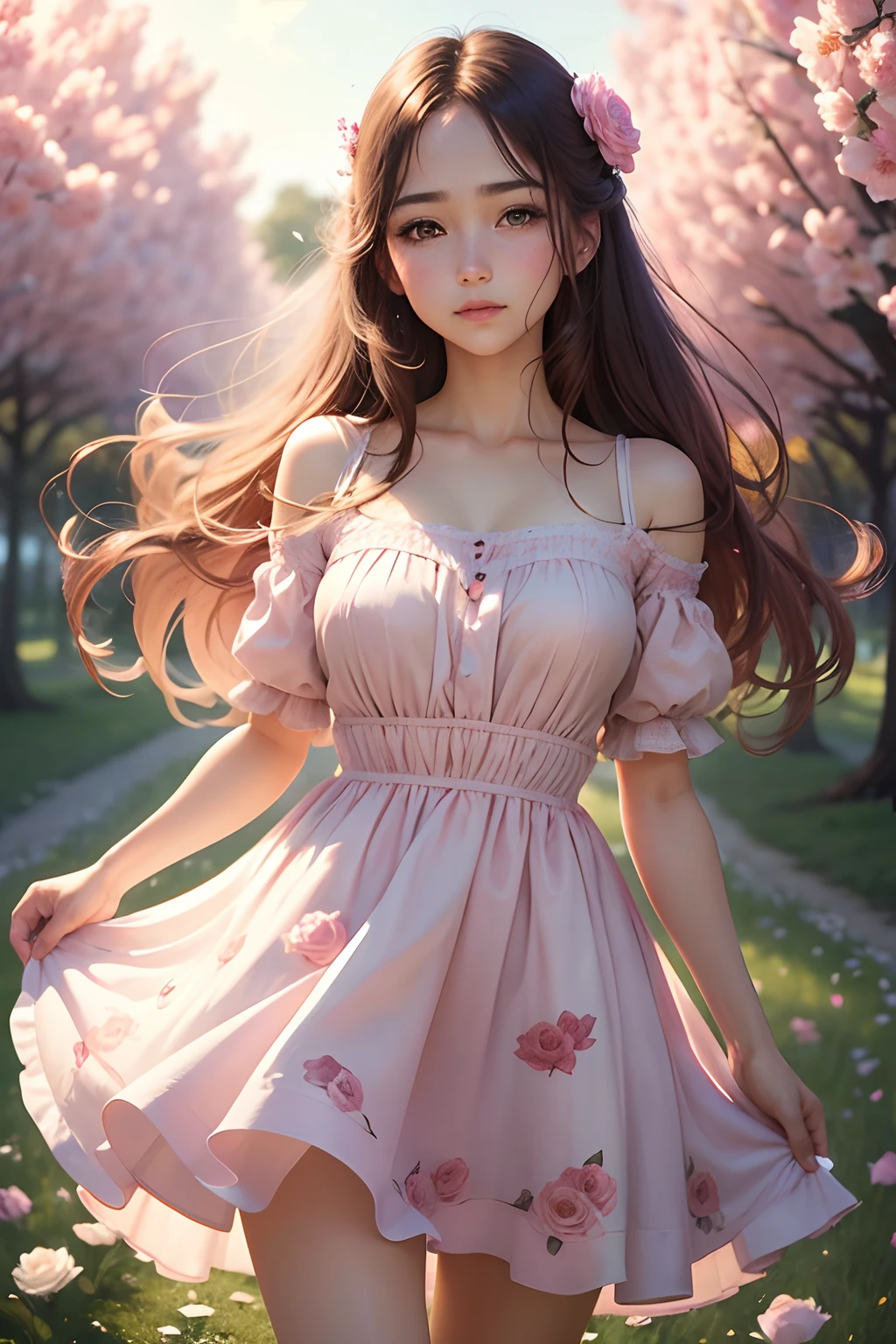 A girl in a barefoot field, usando um vestido rosa, a red ribbon, Asas de fada rosto perfeito rosto de alta qualidade 8k ultra h