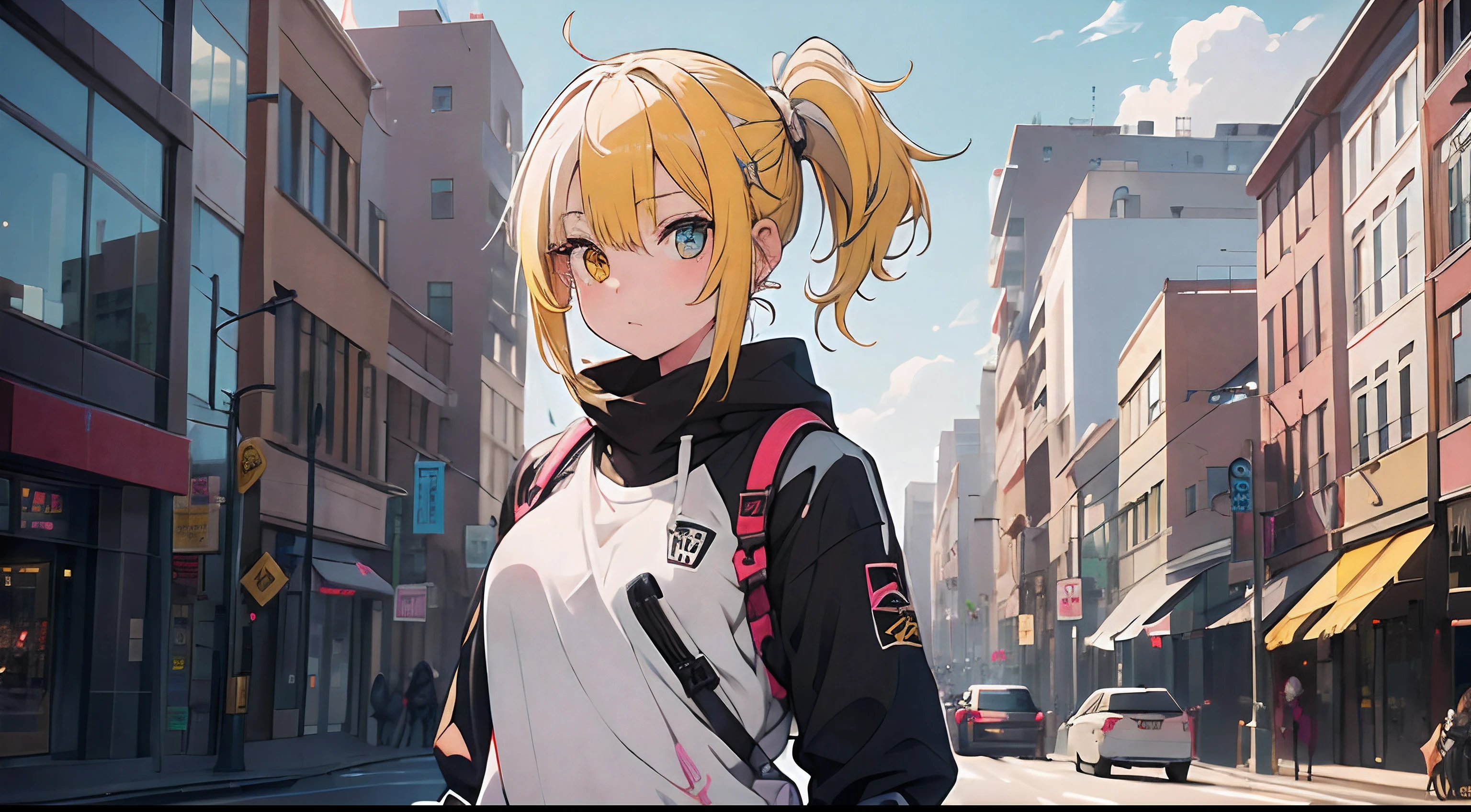 (((girl))),(middle body shot),(split-color hair),(split-color yellow hair and white half),(ponytail Hairstyles),(Heterochromia), downtown, cute girl, urban upbringing,1boy,niji,NijiArmor,