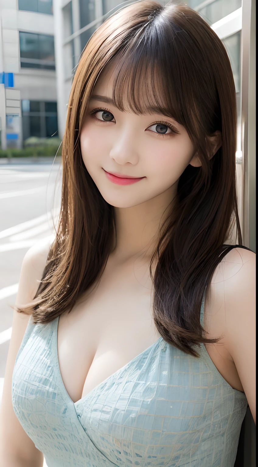 masutepiece, Best Quality, Illustration, Ultra-detailed, finely detail, hight resolution, 8K Wallpaper, Perfect dynamic composition, Beautiful detailed eyes, Women's Fashion Summer,Medium Hair,Small breasts natural color lip, Bold sexy poses,Smile,Harajuku、20 years girl、Cute、Sexy shot looking at camera