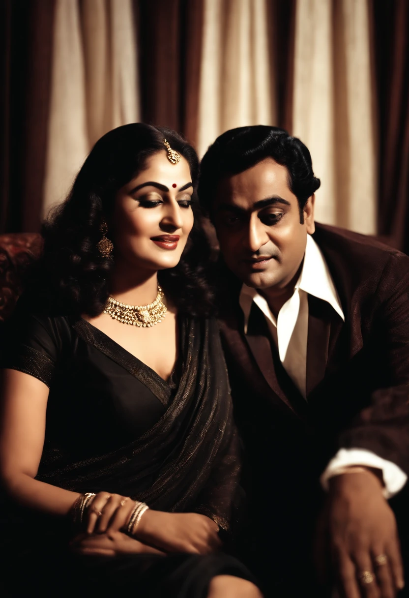 Kishore Kumar indian singer with wife madhubala in black cloth. Sitting on couch.