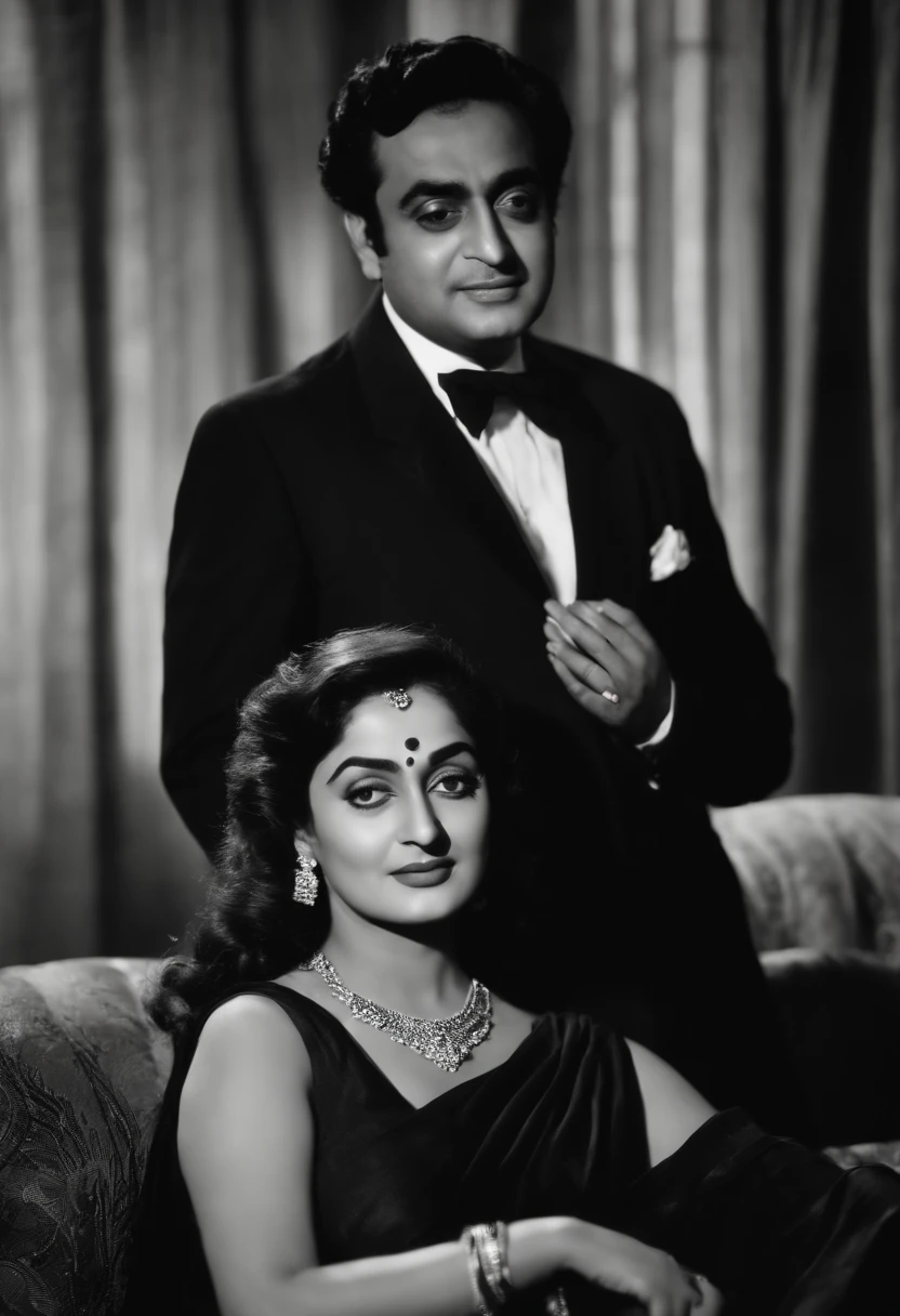 Kishore Kumar indian singer with wife madhubala in black cloth. Sitting on couch.