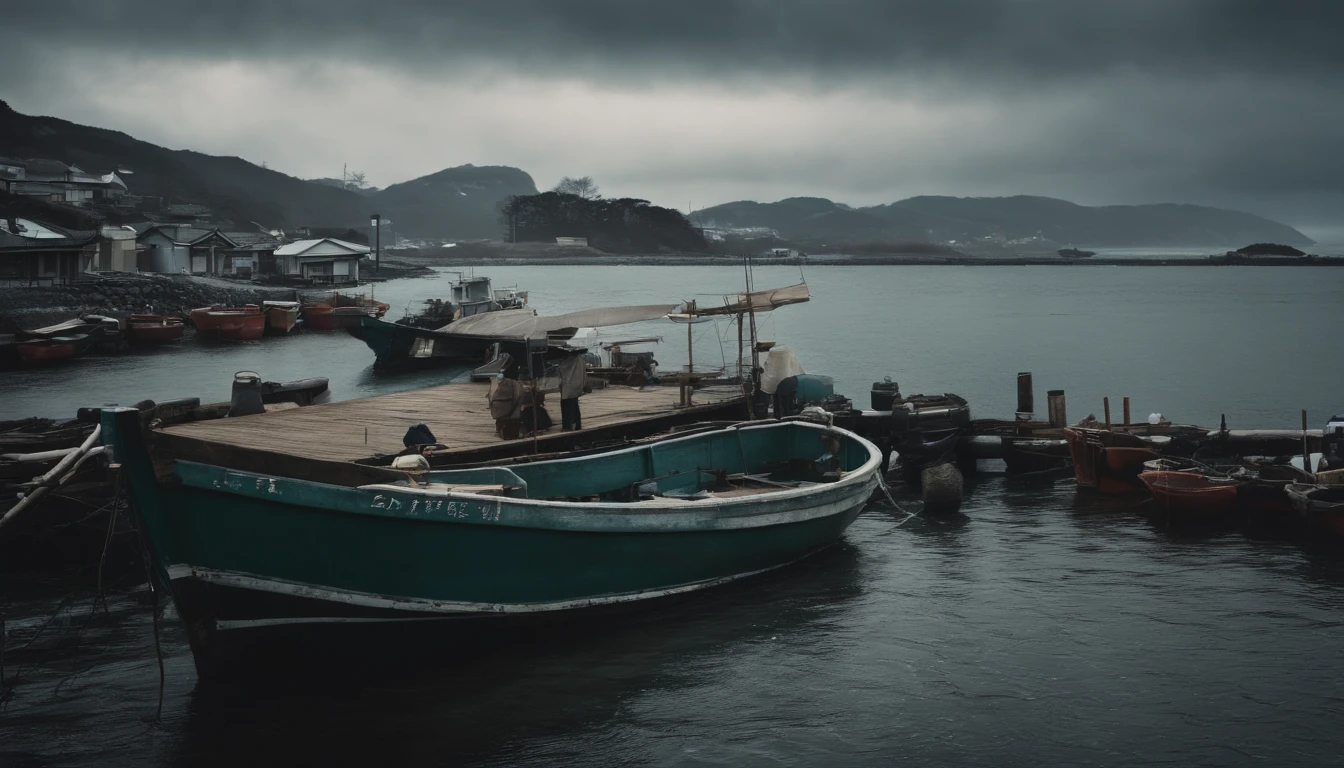 A small fishing port in Japan,Rough seas,Winter scene,Overcast clouds,feeling of despair
