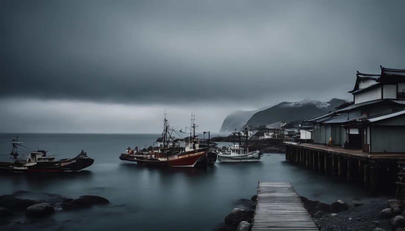 A small fishing port in Japan,Rough seas,Winter scene,Overcast clouds,feeling of despair