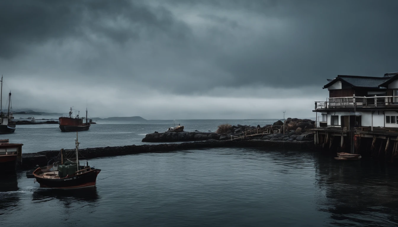 A small fishing port in Japan,Rough seas,Winter scene,Overcast clouds,feeling of despair