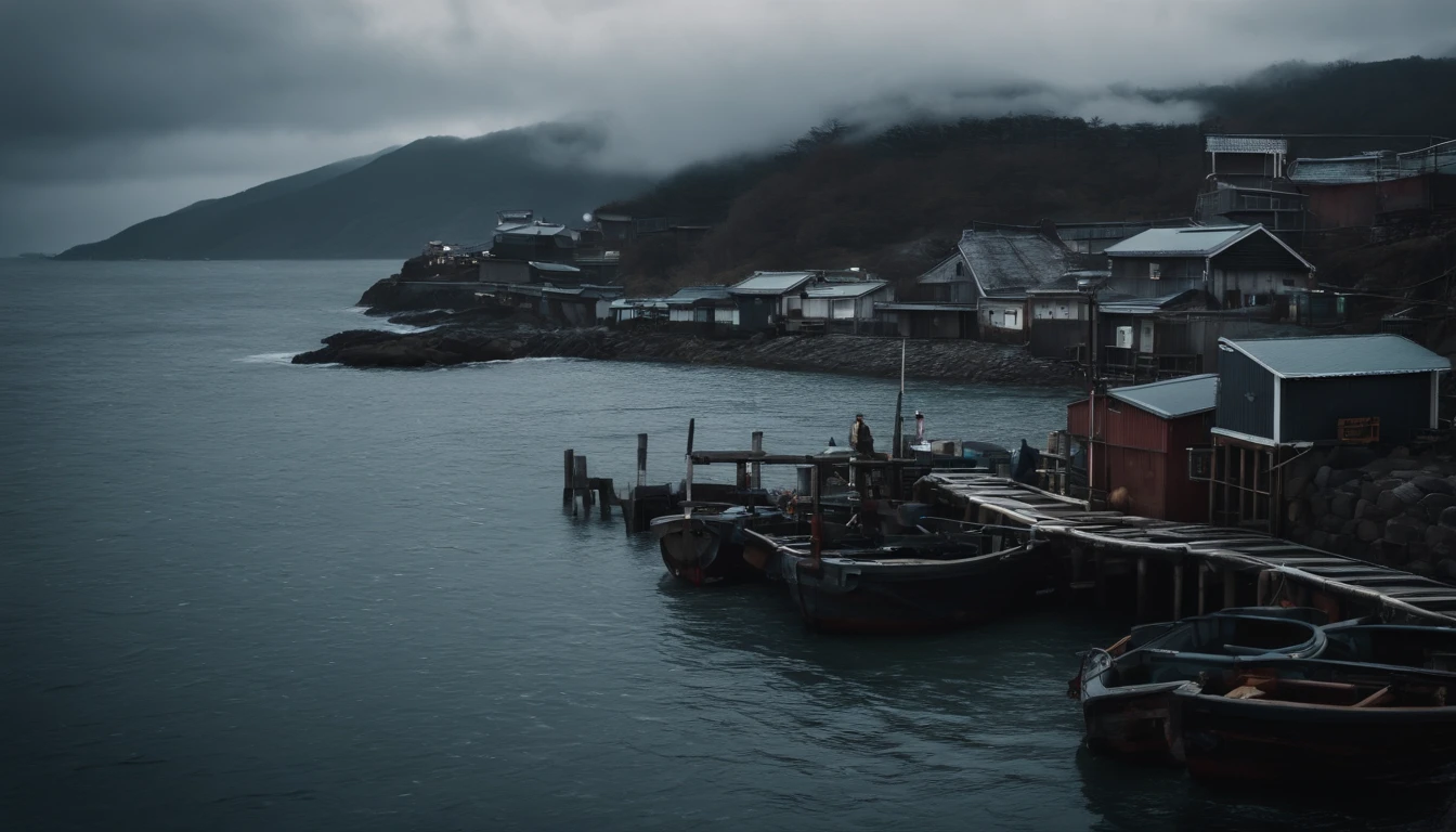 A small fishing port in Japan,Rough seas,Winter scene,Overcast clouds,feeling of despair