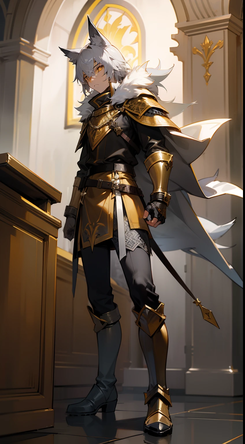 1boy,20,yellow eyes,solo,gray hair, templar golden knight outfit, gray long chainmail skirt, wolf ears, wolf tail, black long boots, serious face, masterpiece, HD, vibrant,night,room