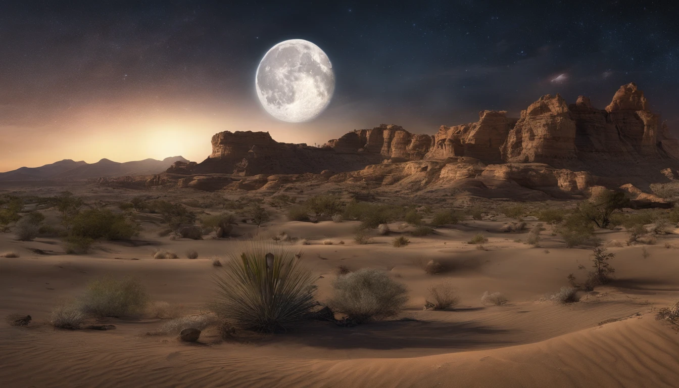 A desert,minuit,The moon and stars fluttering