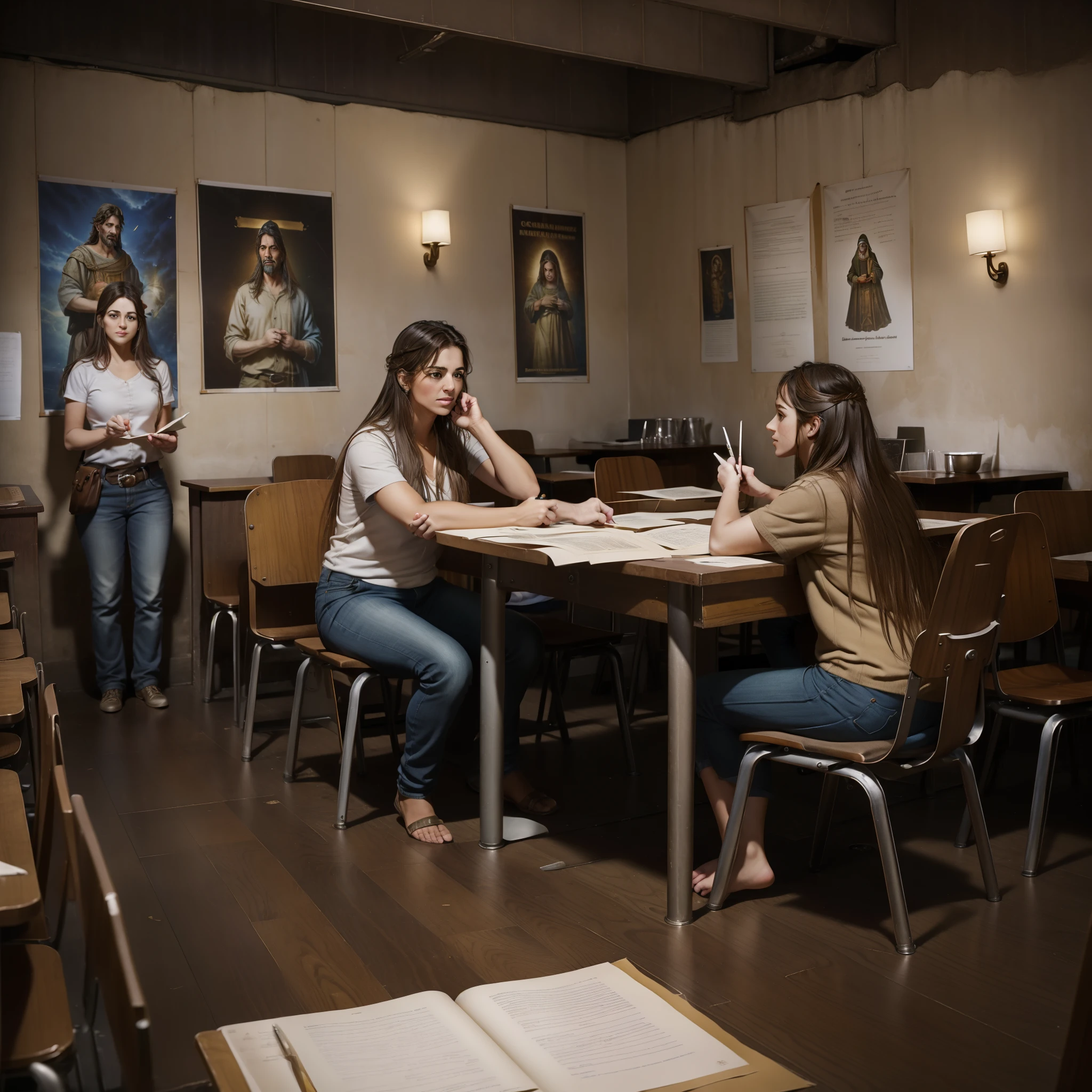 Create an ultra-realistic scene by taking in the entire environment of a classroom decorated with biblical pictures and posters, where people are seated at tables organized in groups, discussing Bible passages as they listen to the pastor, que caminha entre as mesas, respondendo a perguntas e compartilhando ensinamentos.”