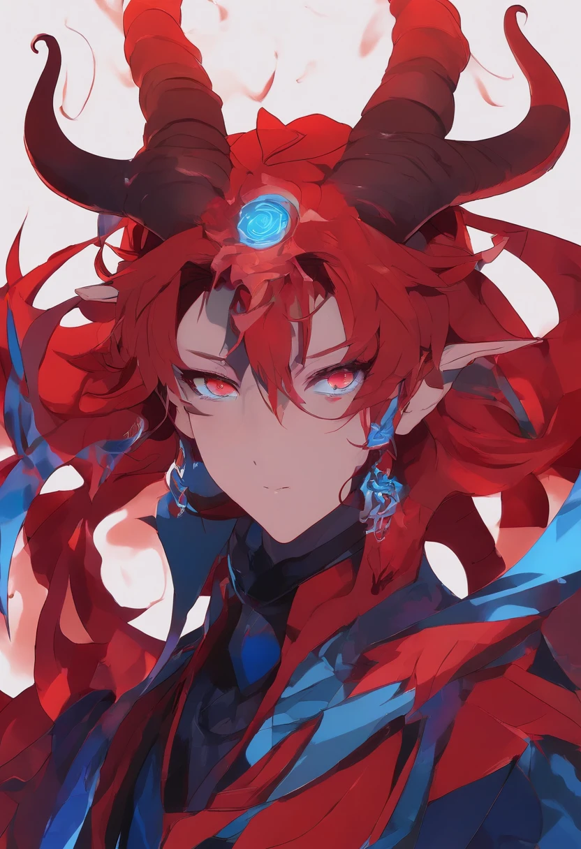 sehele style, anime style, (((tiefling))) warlock with (((crimson red skin))) and (((blue, smoldering eyes))). He (((horns curve elegantly backwards))), 8k, 4k, Unreal Engine 5, octane render, trending on pixiv, fanbox, skeb, masterpiece, smooth soft skin, big dreamy eyes, beautiful intricate colored hair, anime wide eyes, soft lighting, concept art, digital painting,