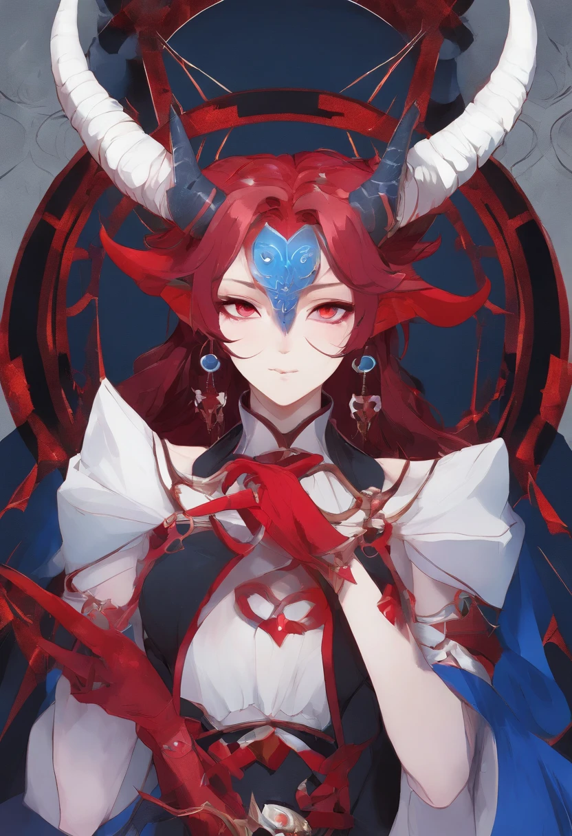 sehele style, anime style, (((tiefling))) warlock with (((crimson red skin))) and (((blue, smoldering eyes))). He (((horns curve elegantly backwards))), 8k, 4k, Unreal Engine 5, octane render, trending on pixiv, fanbox, skeb, masterpiece, smooth soft skin, big dreamy eyes, beautiful intricate colored hair, anime wide eyes, soft lighting, concept art, digital painting,