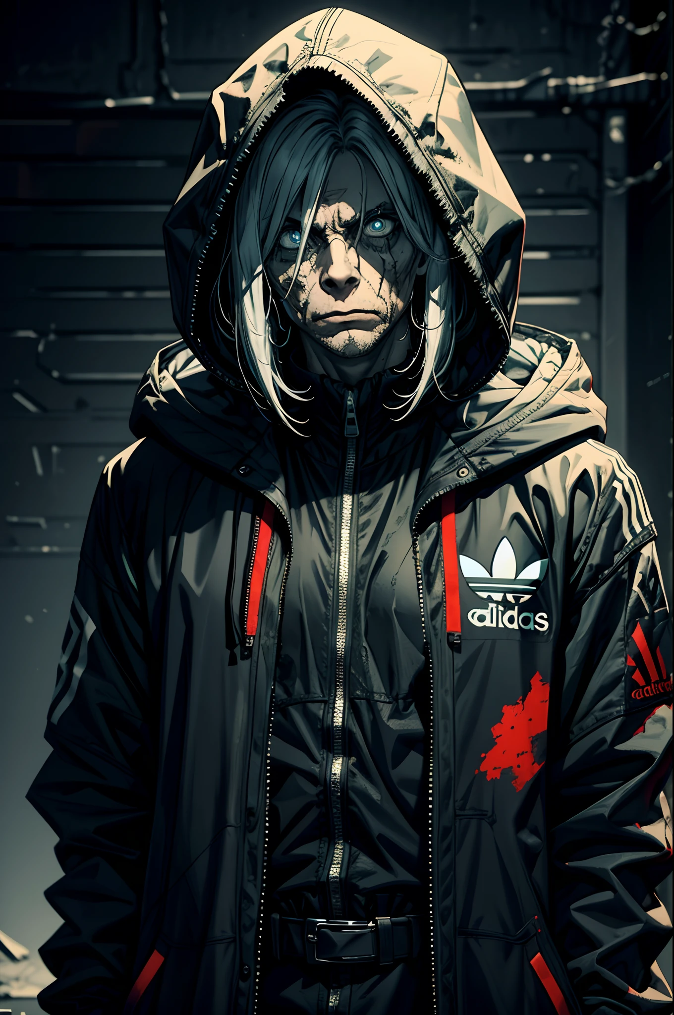 Create an ultra-wide photo of a decrepit zombie wearing an Adidas coat and hood, set against an abstract background. The overall style of the image should be a minimalist fashion with an Artgem twist. The zombie should be rendered in a decrepit and cadaveric style, with a focus on creating a sense of horror and decay. The Adidas coat and hood should be rendered in high detail, with a focus on capturing the texture and style of the clothing. The background of the image should be an abstract design, with a focus on creating a sense of depth and contrast to the foreground. The image should be rendered in a wide format, with a focus on creating a sense of scale and drama to the scene.Furtastic Detailer