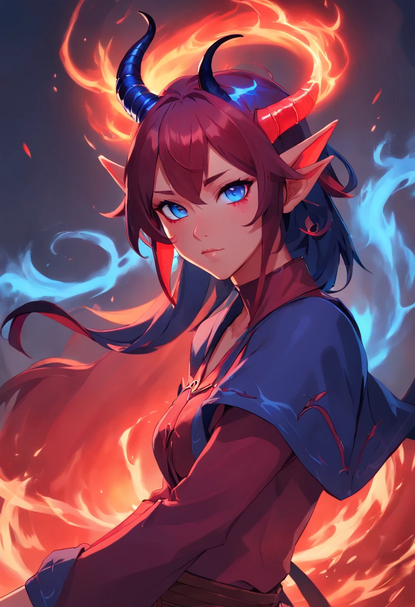 sehele style, anime style, (((tiefling))) warlock with (((crimson red skin))) and (((blue, smoldering eyes))). He (((horns curve elegantly backwards))), 8k, 4k, Unreal Engine 5, octane render, trending on pixiv, fanbox, skeb, masterpiece, smooth soft skin, big dreamy eyes, beautiful intricate colored hair, anime wide eyes, soft lighting, concept art, digital painting,