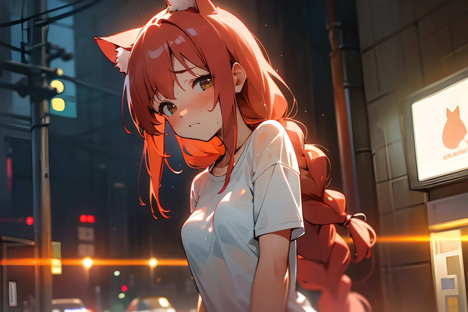 ((Masterpiece)), UHD, wide-shot, cinematic lighting, two Braids, (shy and blush face), Textured skin, Slender small breasts, cat ears, light red hair、Cute Beautiful Girl、wet and transparent, lightweight T-shirt, Crowded urban intersection,