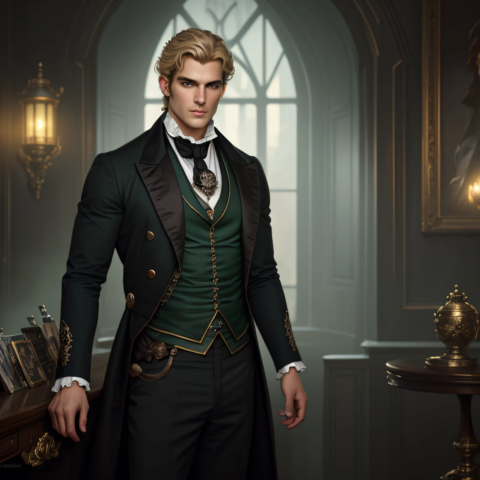 masterpiece stunning tanned masculine and tall man wearing british regency male outfit, looking up, (regency london background), blond wavy short hair, detailed deep green eyes, resemblance to henri cavill, full body, masterpiece, fine detail, rich colors, dramatic lighting, extremely detailed, cinematic lighting hyperdetailed painting, luminism, Bar lighting, complex, 4k resolution concept art portrait by Greg Rutkowski, Artgerm, WLOP, Alphonse Mucha, little fusion pojatti realistic goth: a stunning realistic photograph