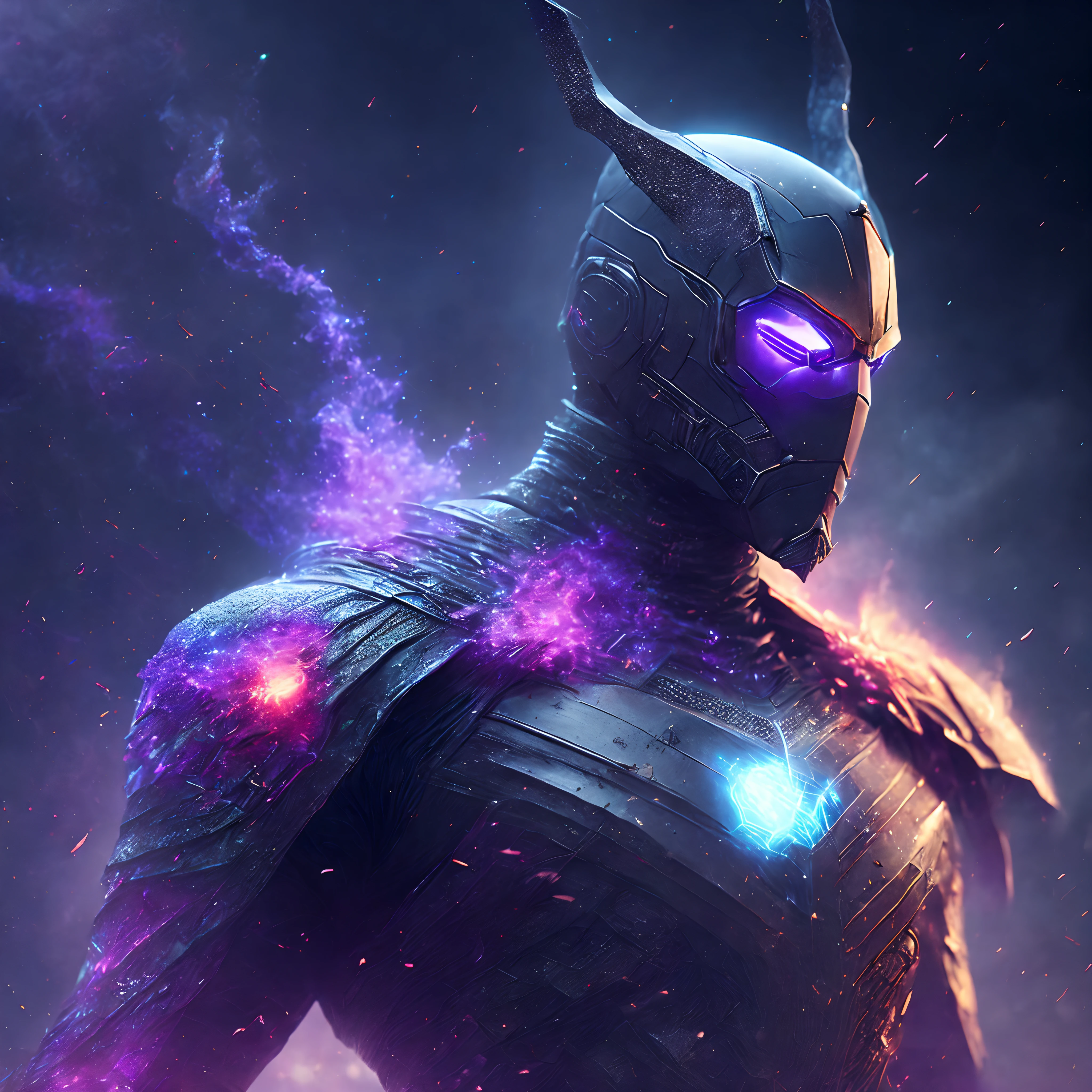 Close-up ( multicoloured Fog man from Marvel in Goth style: 1.3) emerging from the thick fog, extremely detailed, multicoloured fog storm, sparks, metal shavings, flying debris, volumetric light
