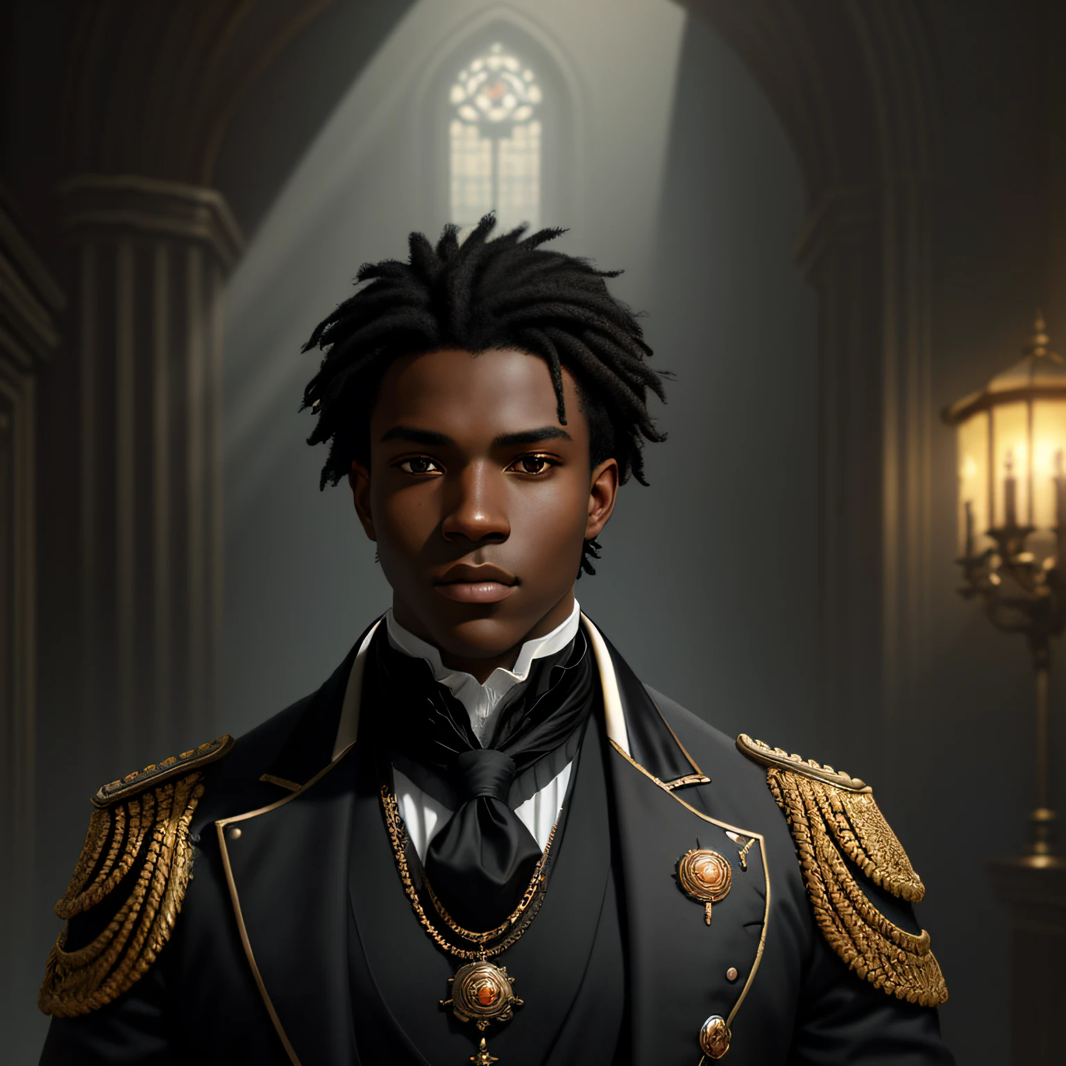 masterpiece stunning masculine strong black man about 18 years old, wearing british regency man outfit, short black hair, expressive big black eyes, louis allen III, looking up, (sunny regency london background), full body, masterpiece, fine detail, rich colors, dramatic lighting, extremely detailed, cinematic lighting hyperdetailed painting, luminism, Bar lighting, complex, 4k resolution concept art portrait by Greg Rutkowski, Artgerm, WLOP, Alphonse Mucha, little fusion pojatti realistic goth: a stunning realistic photograph