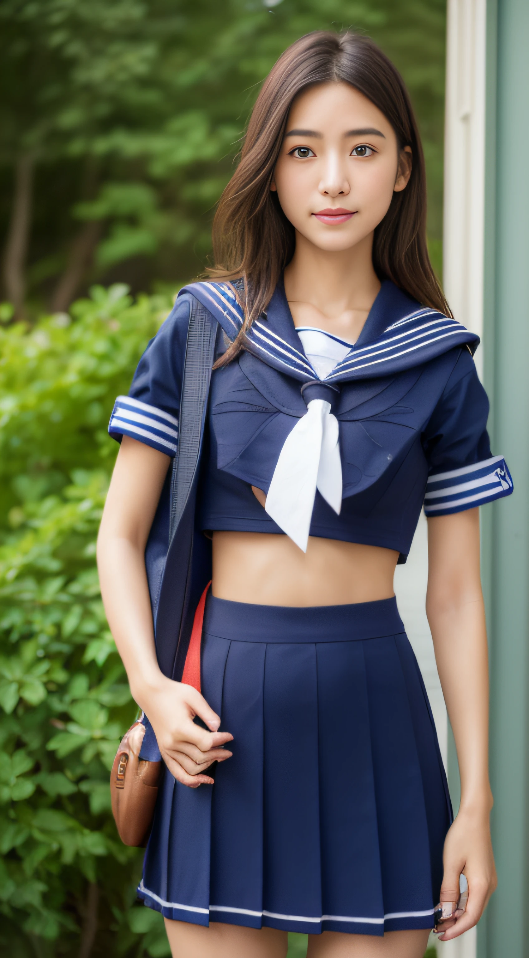 (Realistic lighting、top-quality、8K、​masterpiece:1.3)、32K、(1girl in:1.5)、japanes、(Composition from the knee up:1.7)、(High school girl in sailor suit:2.0)、summer clothing、(((Hold the student bag in front of your hips with both hands:1.8))), ((small tits:1.8))、((skinny  body:2.0))、NSFW, (Ultra Slim Body Beauty:1.4))、(Slim abs:1.1)、((Light brown long hair))、(outside of house:1.1)、City Street、Superfine Face、Fine eyes、二重まぶた