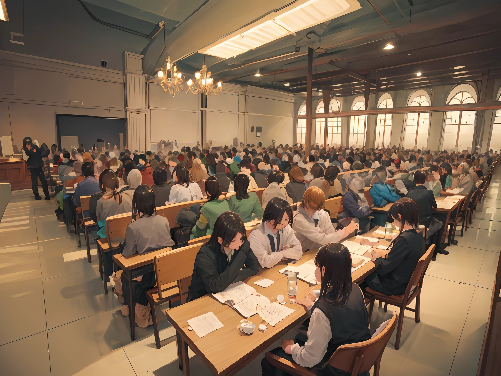 Crie uma cena ultrarrealista ao apreciar todo o ambiente de uma sala de aula, where people are seated at tables organized in groups, discussing biblical passages while listening to the pastor, que caminha entre as mesas, respondendo a perguntas e compartilhando ensinamentos."