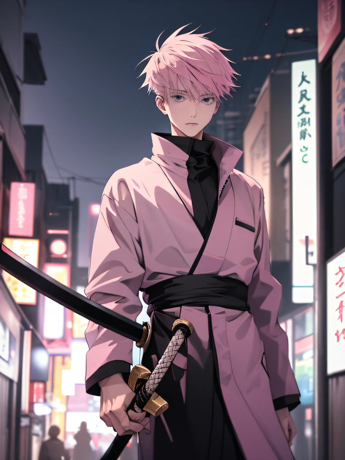 (masterpiece), best quality, highest quality, man, ager, tall man, short pink hair cut, black eye, white kimono with black skirt and overcoat, katana in hands, cursed spirits in the background, Tokyo city blurred