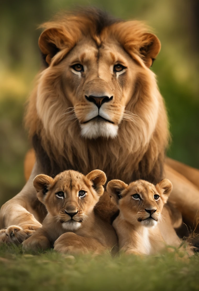 father lion, mother lioness and 4 cubs, master piece, master piece, Superior Quality, best quality, realistic, unity, 8K Wallpaper, Official Art, Very detailed CG unity 8k wallpaper, (realistic: 1.4), Super Detail , very high resolution, Super Detail, incredible orgy, fine details, film lighting, (brown|black hair:1.4), medium hair, (real skin:1.2), (light brown skin:1.2), Beautiful Details, eyes and face are very detailed, Beautiful eye details, huge file size, ultra detailed and beautiful, Dark eyes, model shooting style,