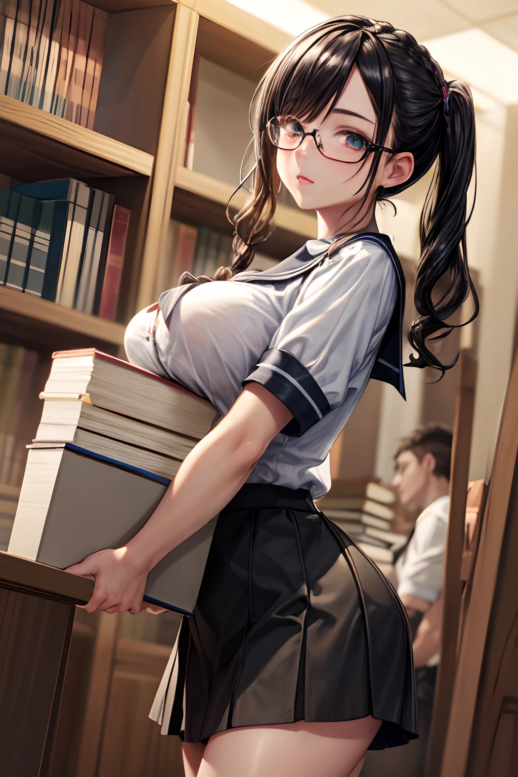 (masterpiece, best quality, highly detailed, ultra detailed, high resolution, absurdres, 4K, 8K:1.2), (official art, incredibly fine illustration, extremely detailed CG, detailed background, professional lighting, dynamic angle, perfect hands, detailed shiny skin, detailed hair, detailed eyes), braided pigtails, glasses, library, Girl in uniform, serafuku, White shirt, Black skirt, Black hair, Shiny hair, Shiny skin, carried breast rest
carrying, stack of books