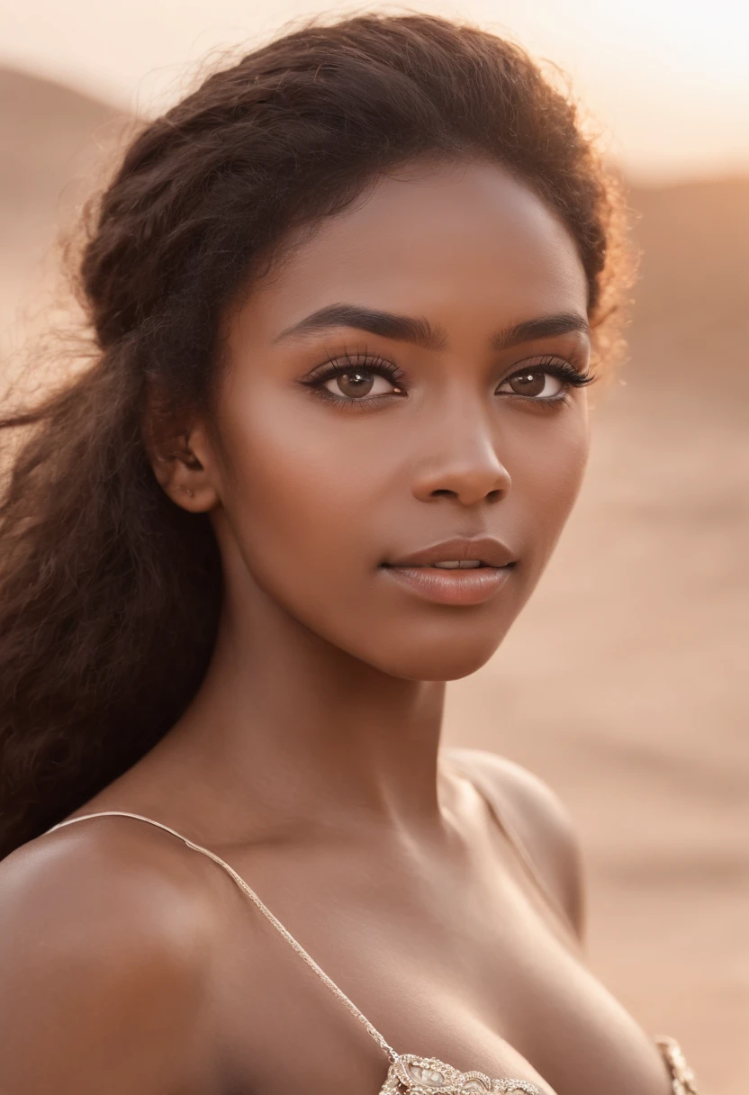 dark brown skin, beautiful face, afro hair, natural afro, long hair, african tribal theme, gold jewelry, ((crystal clear hazel eyes:1.2)), detailed eyes, beautiful eyes, ((masterpiece, UHD, 8K)), Depth of field, sand dunes, cleavage, large breasts, focus on eyes, breasts popping out, detailed skin, texture skin, sexy shoulders, golden brown tan, highly detailed skin, long eyelashes, black mascara, perfect face