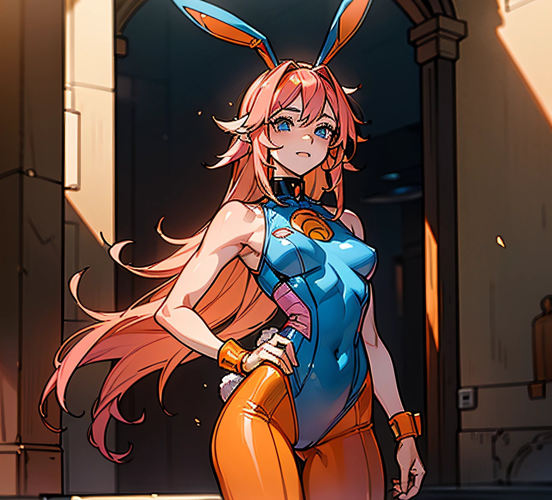 ((Best Quality)), ((Masterpiece)), ((Realistic)) 1woman, cute face, determined look, smile, adult mature female (spiky orange-pink hair, ((orange-pink mullet 1.1)), (mid length hair), blue eyes, (white/yellow pupil,) hero, sleeveless blue spandex bodysuit, long orange-pink (((rabbit ears,))) desert village, tbcc illustration, standing in a villa doorway, night, middle eastern,