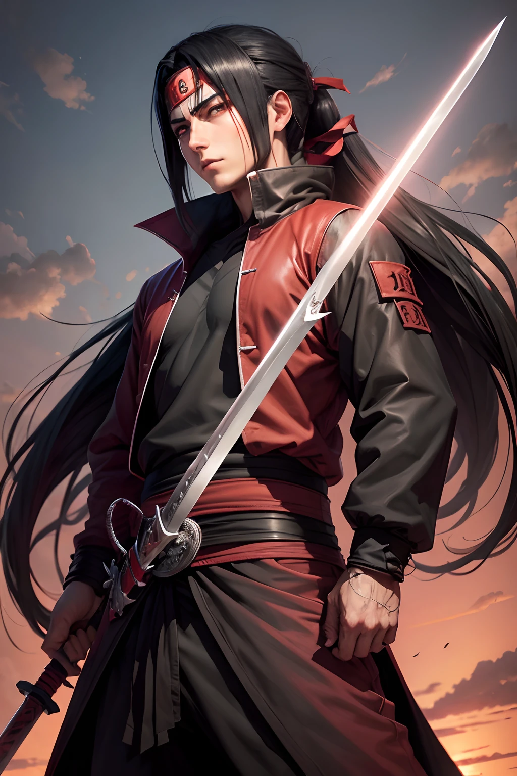 Itachi Uchiha look , perfect centralization, cool stand , cold look , sword in hand , muscle