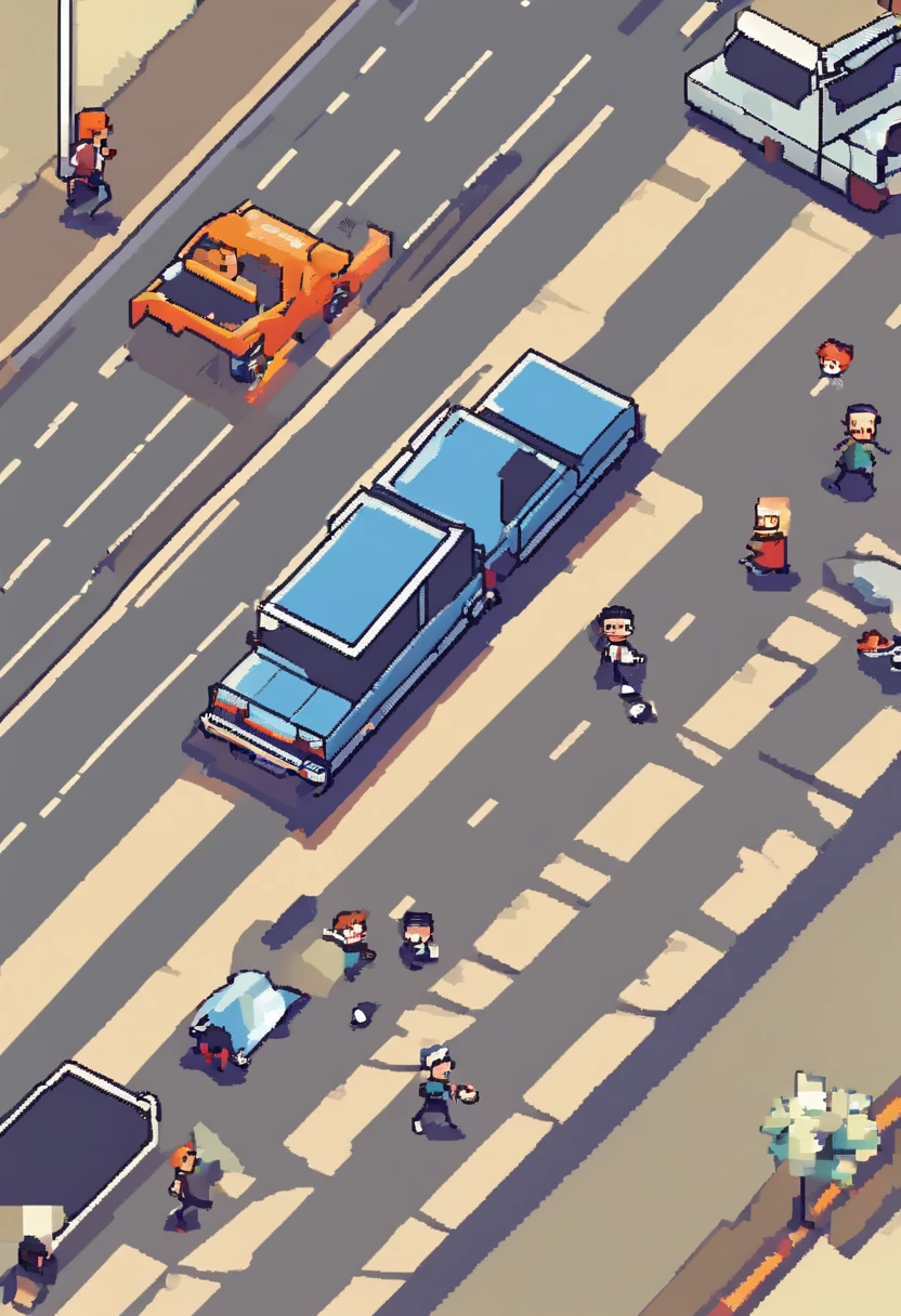 Two  playing with a soccer ball in the middle of a busy highway, Cars and an accident are visible in the background