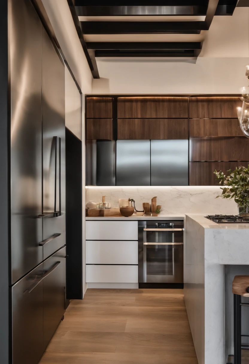 cocina moderna,Magnificent renovation,refrigerador,armario,Escena amplia,in a panoramic view,Desde fuera, UHD, Detalles altos