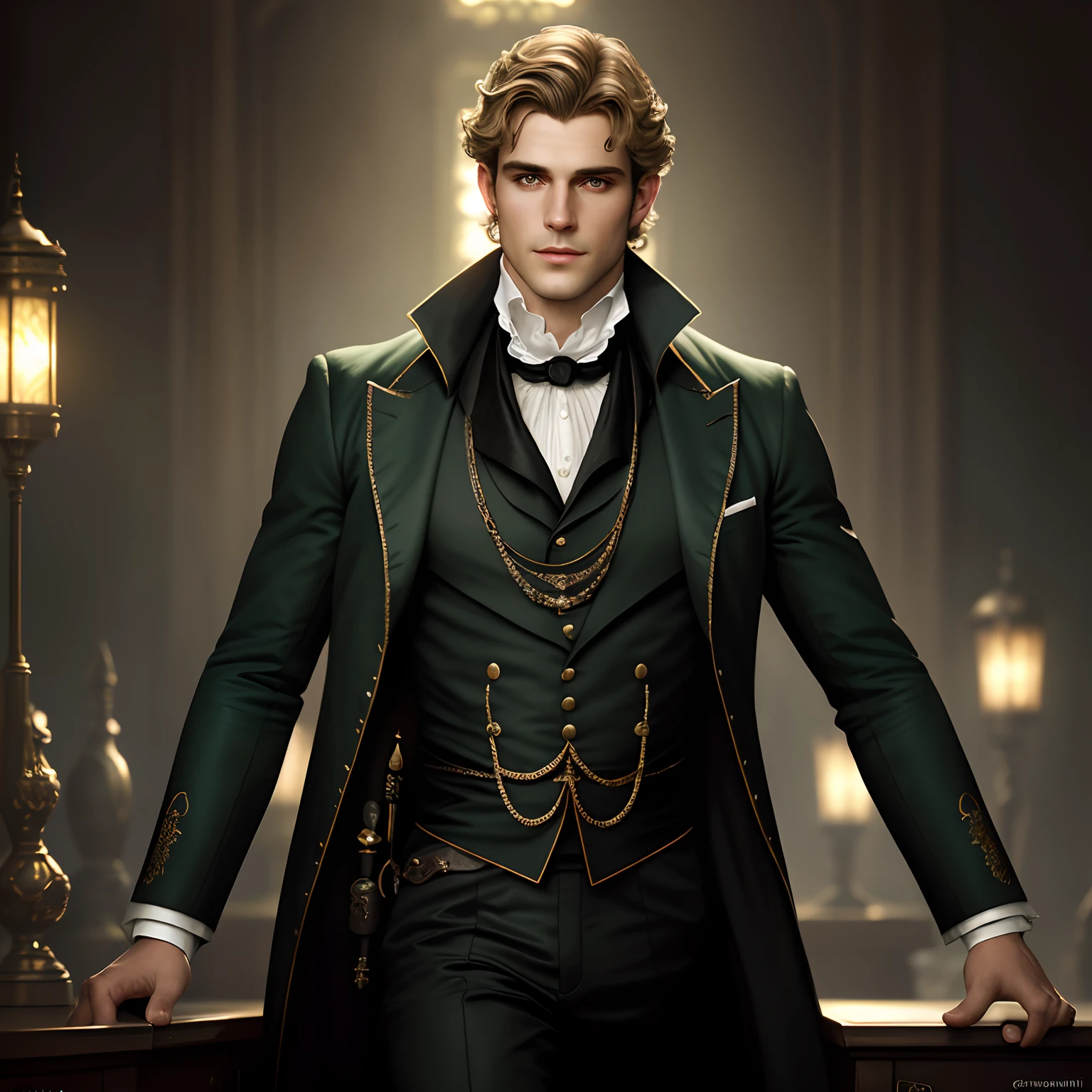 masterpiece stunning tanned masculine and tall man wearing british regency male outfit, looking up, (regency london background), blond wavy short hair, detailed deep green eyes, sensual smile, resemblance to henri cavill, full body, masterpiece, fine detail, rich colors, dramatic lighting, extremely detailed, cinematic lighting hyperdetailed painting, luminism, Bar lighting, complex, 4k resolution concept art portrait by Greg Rutkowski, Artgerm, WLOP, Alphonse Mucha, little fusion pojatti realistic goth: a stunning realistic photograph