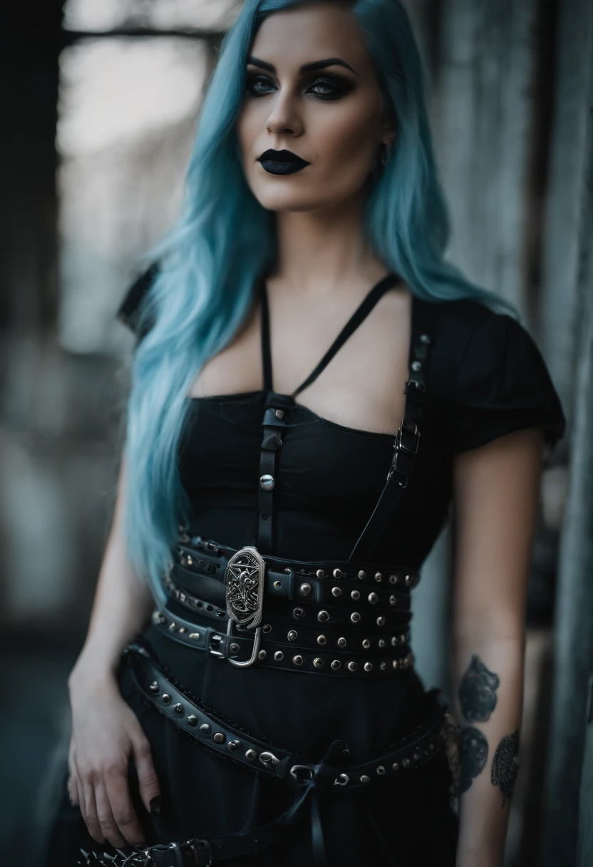 there is a woman wearing a black bralet and a black belt, garters, garter belt, harnesses and garters, gothic harts, wearing gothic accessories, wearing studded leather, goth aesthetic, choker, spiked wristbands, gothic aesthetic, spikes on the body, harness, wrapped in leather straps, straps, goth, goth girl aesthetic, gotic harts, long light blue hair with bangs