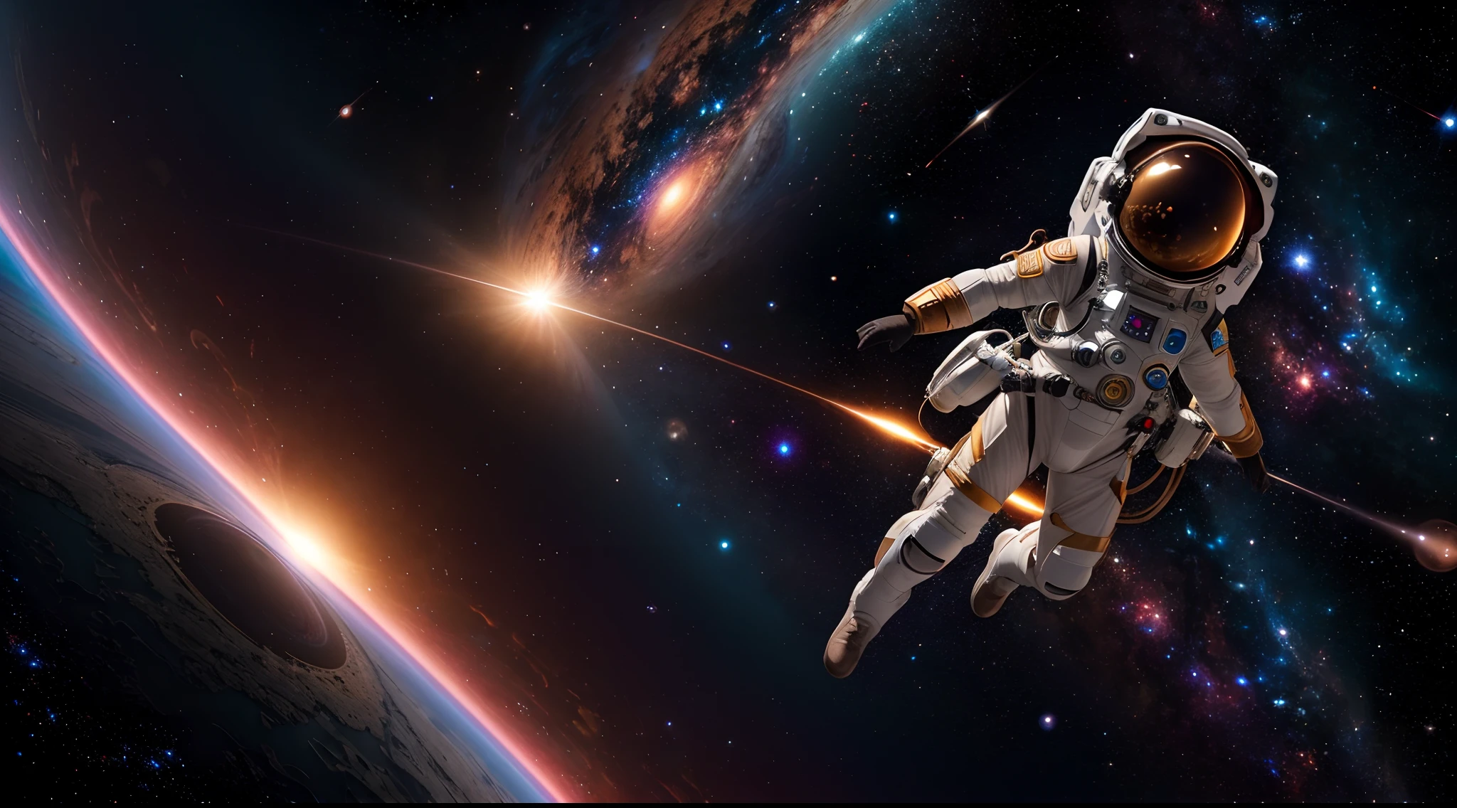 ((master)), ((best quality)), ultra-detailed CG unity 8k wallpaper, incredibly delicate and beautiful illustration, floating, high resolution, dynamic, ((1girl)), brown eyes, brown hair, astronaut suit, dark black background, stellar space, large white luminescent stars, a huge black hole in the background, colorful planets floating in a cosmic maelstrom.