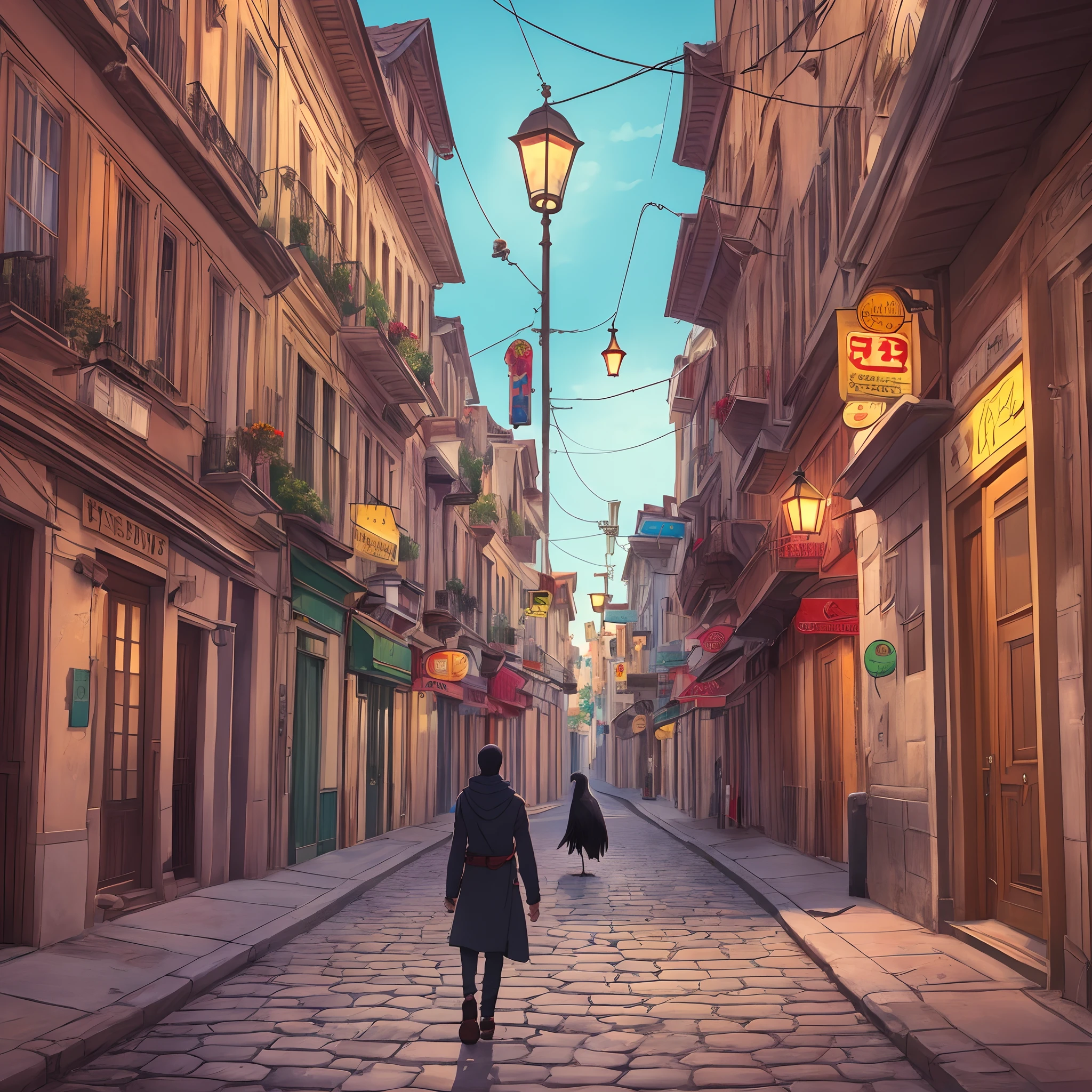 anime, morning, background, black crow on the lamppost, art. --auto --s2