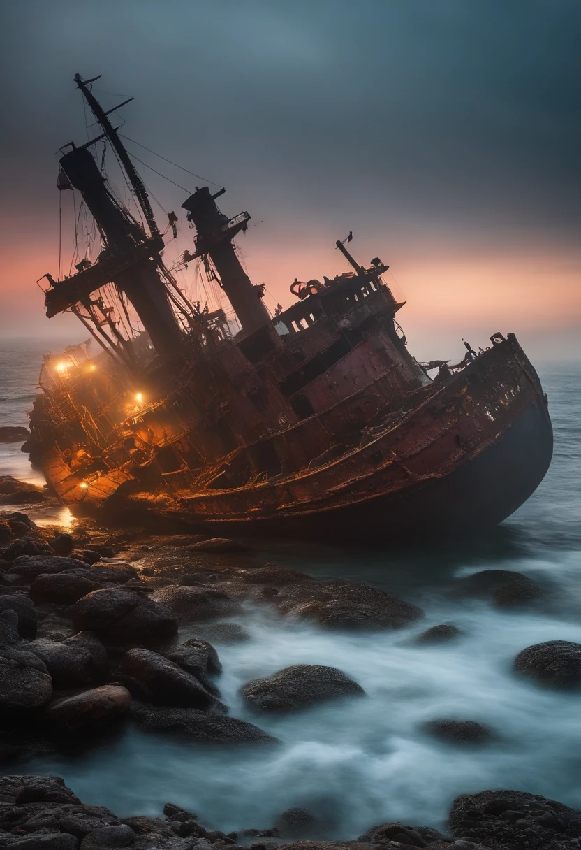 ship graveyard in the middle of the ocean, with fog around, sharp rocks sticking out of the water